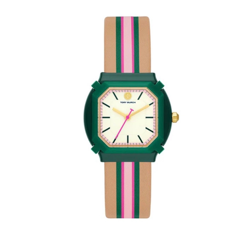 Tory Burch Women’s Blake Tan Stripe Leather Strap Watch 34mm